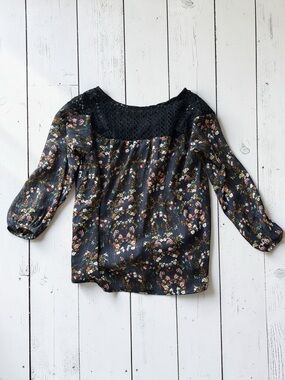 Blu Pepper Black Floral Boho Blouse Lace Yoke Peasant Top Medium Cottagecore